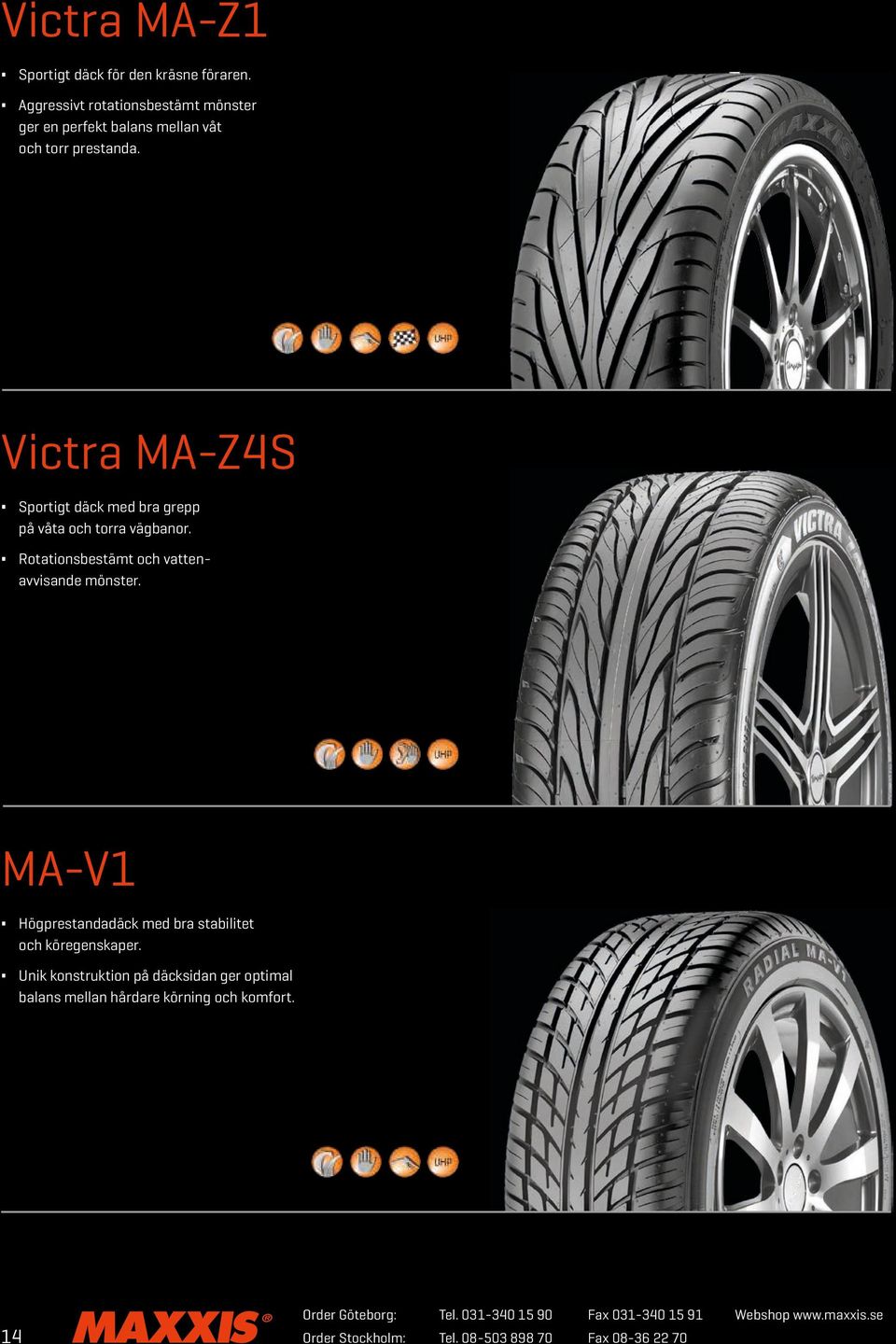 Victra MA-Z4S Sportigt däck med bra grepp på våta och torra vägbanor. Rotationsbestämt och vattenavvisande mönster.