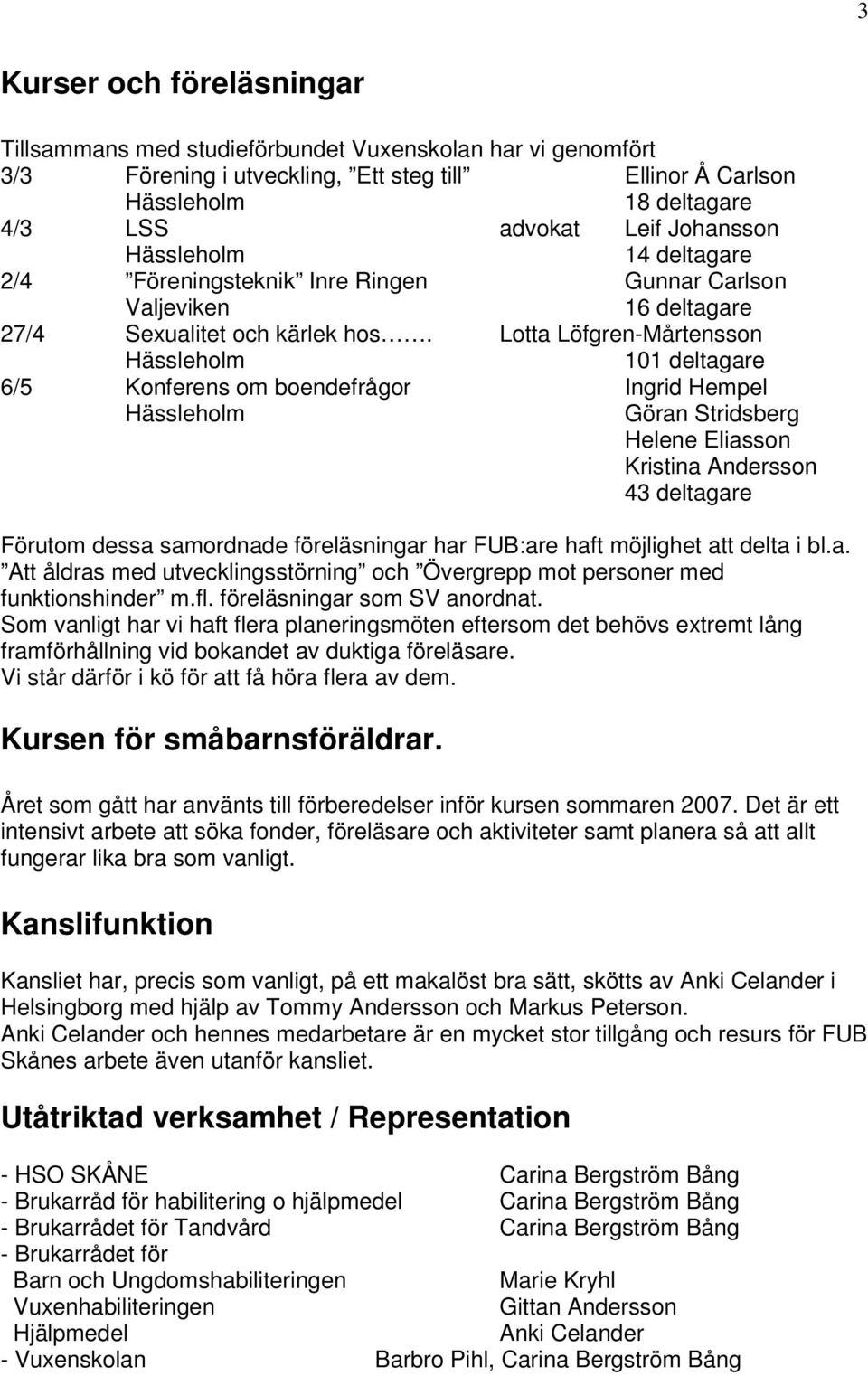 Lotta Löfgren-Mårtensson 101 deltagare 6/5 Konferens om boendefrågor Ingrid Hempel Göran Stridsberg Helene Eliasson Kristina Andersson 43 deltagare Förutom dessa samordnade föreläsningar har FUB:are