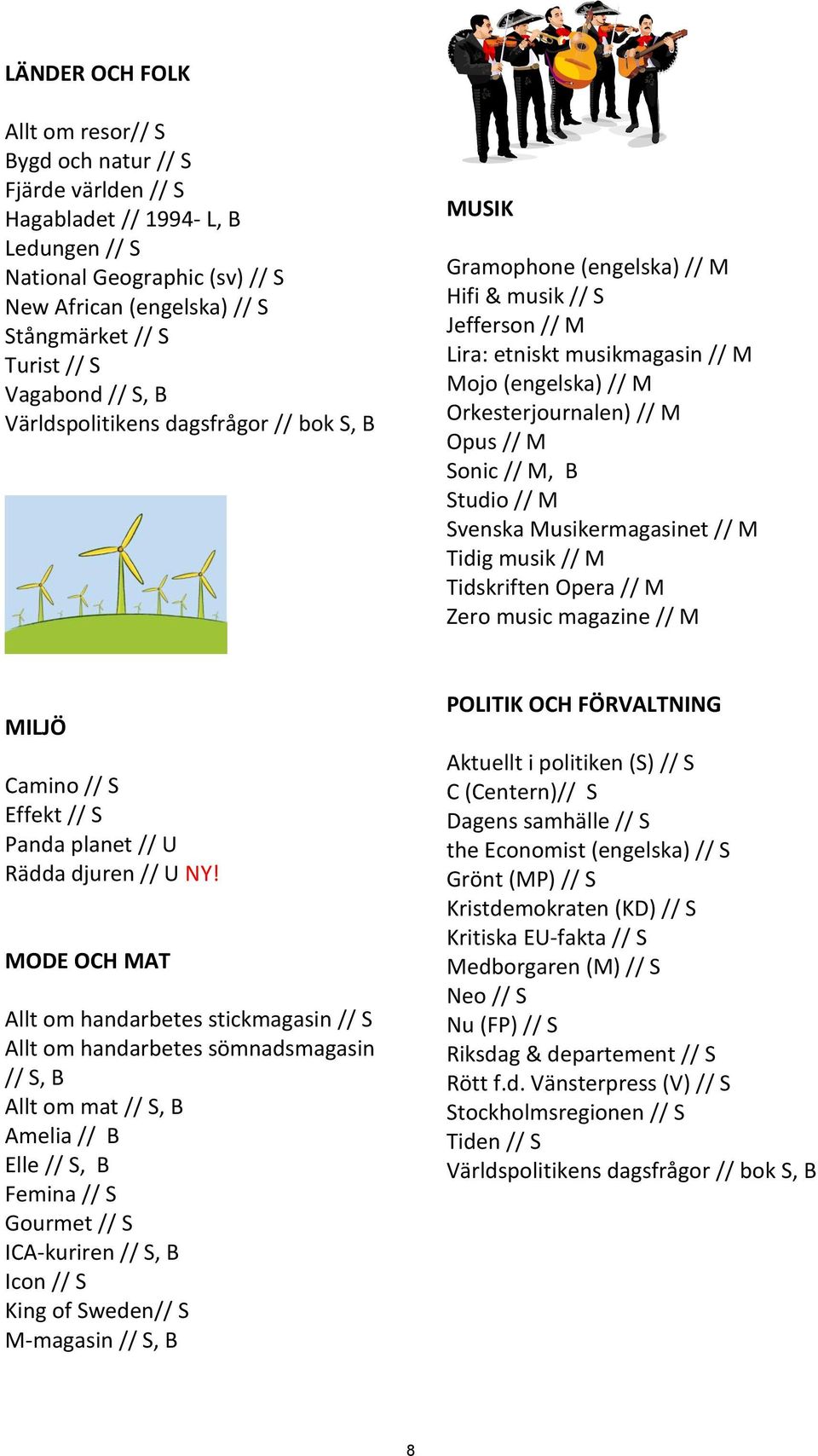 Opus // M Sonic // M, B Studio // M Svenska Musikermagasinet // M Tidig musik // M Tidskriften Opera // M Zero music magazine // M MILJÖ Camino // S Effekt // S Panda planet // U Rädda djuren // U NY!