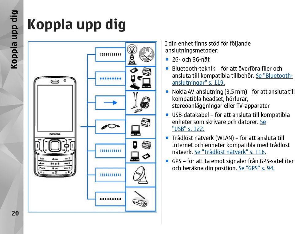 Nokia AV-anslutning (3,5 mm) för att ansluta till kompatibla headset, hörlurar, stereoanläggningar eller TV-apparater USB-datakabel för att ansluta till