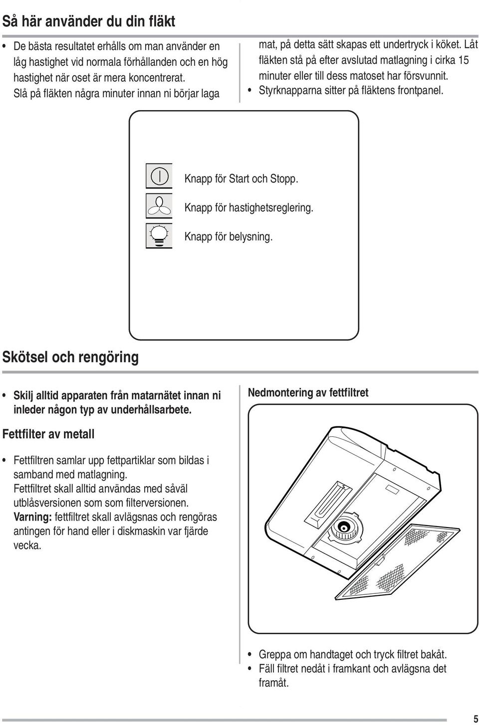 Låt fläkten stå på efter avslutad matlagning i cirka 15 minuter eller till dess matoset har försvunnit. Styrknapparna sitter på fläktens frontpanel. Knapp för Start och Stopp.