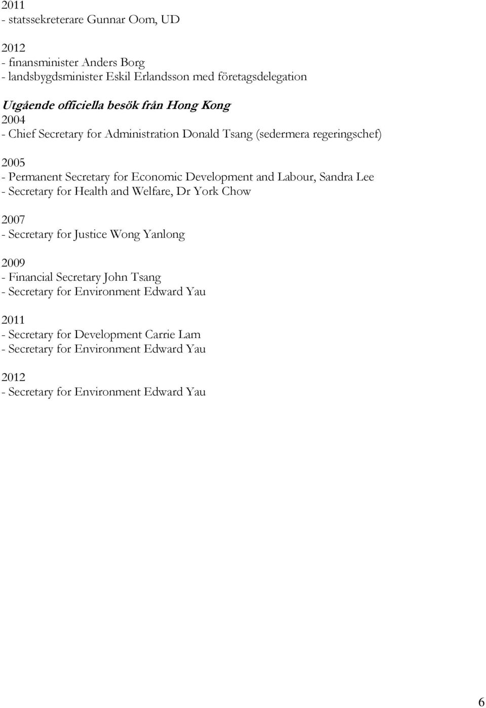 and Labour, Sandra Lee - Secretary for Health and Welfare, Dr York Chow 2007 - Secretary for Justice Wong Yanlong 2009 - Financial Secretary John Tsang -