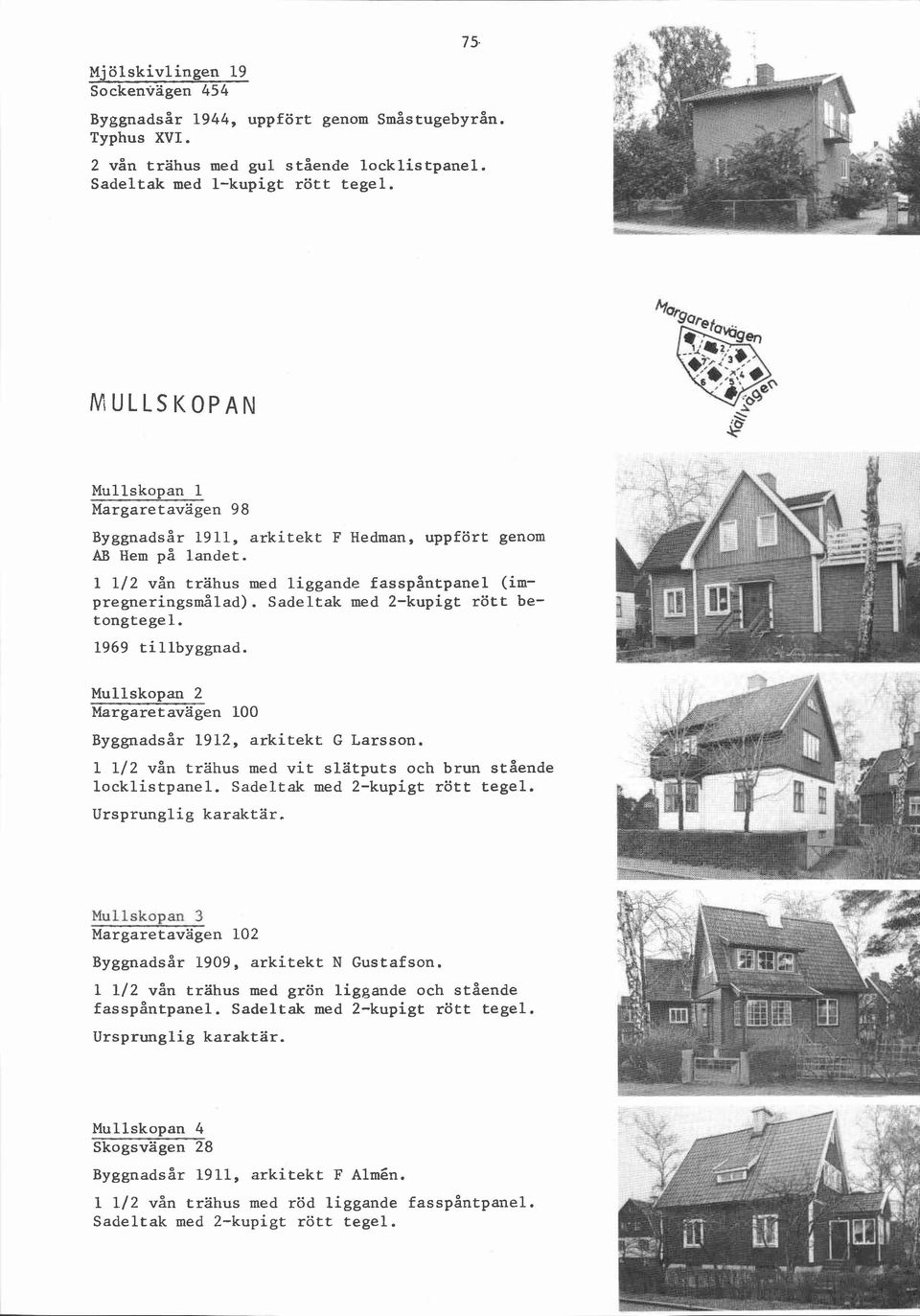 Sadeltak med 2-kupigt rött betongtegel. 1969 tillbyggnad. Mullskopan 2 Margaret avägen 100 Byggnadsår 1912, arkitekt G Larsson. 1 112 vån trahus med vit slätputs och brun stående locklistpanel.