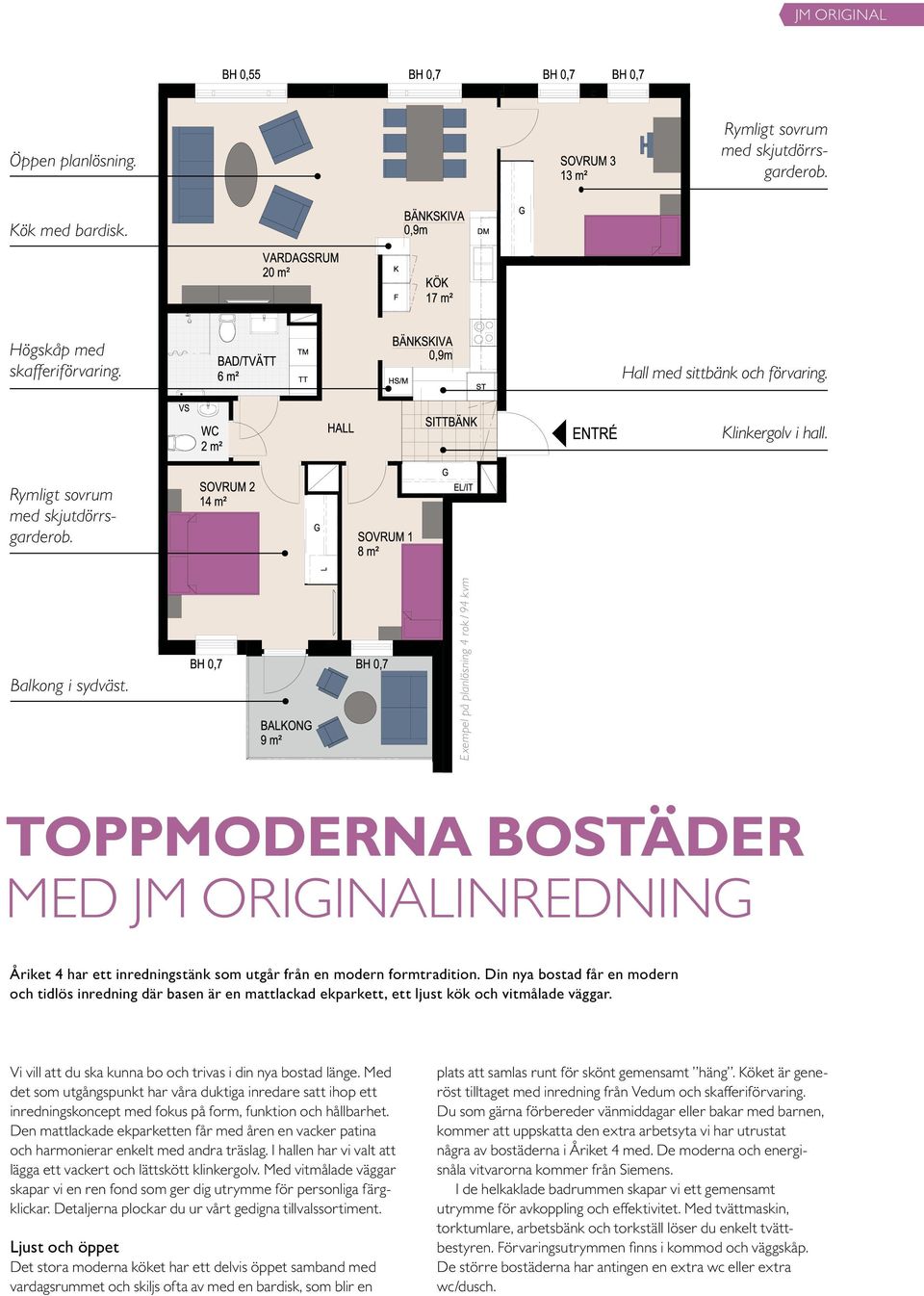 Exempel på planlösning 4 rok / 94 kvm TOPPMODERNA BOSTÄDER MED JM ORIGINALINREDNING Åriket 4 har ett inredningstänk som utgår från en modern formtradition.
