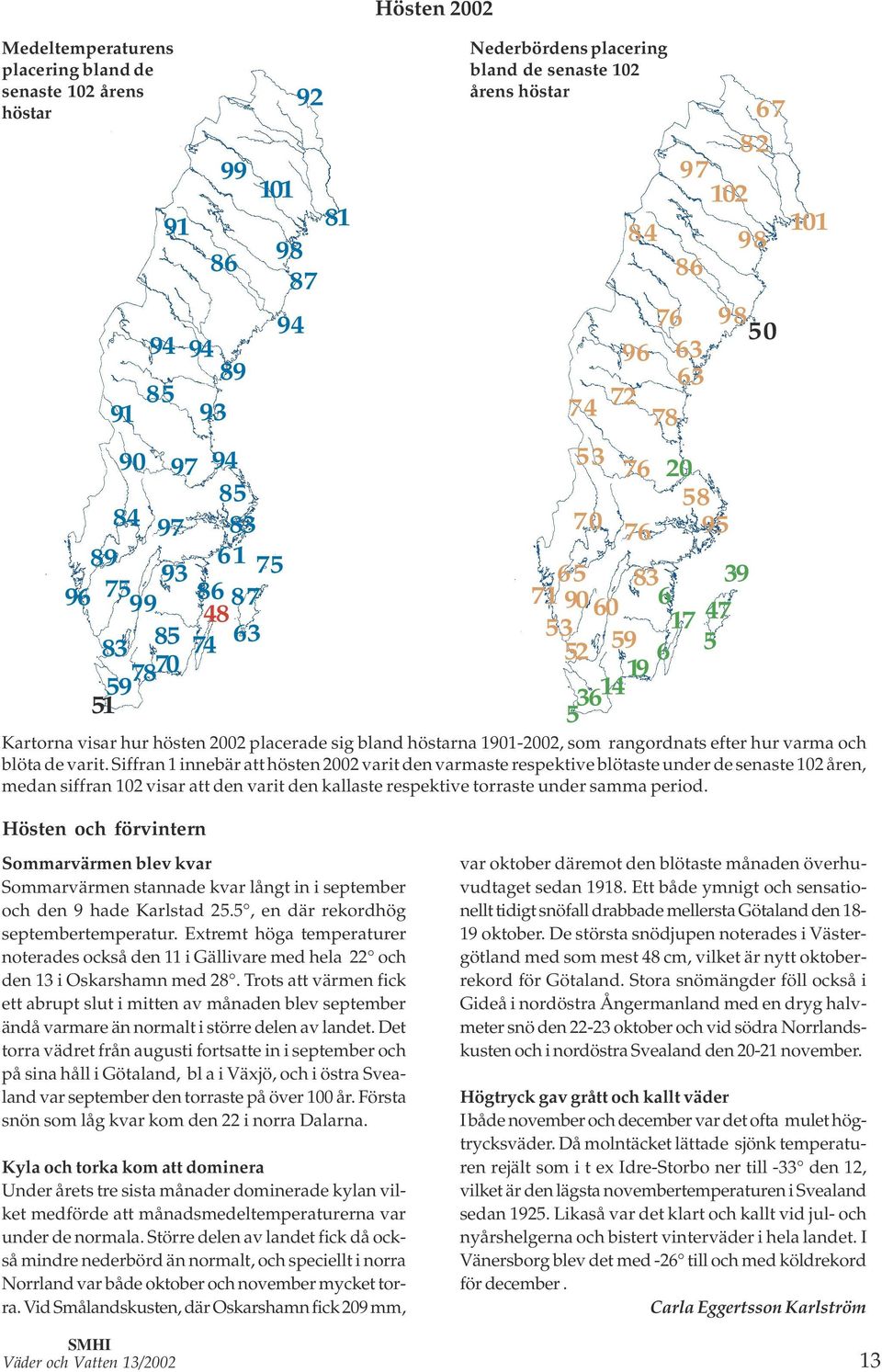 Siffran innebär att hösten 00 varit den varmaste respektive blötaste under de senaste 0 åren, medan siffran 0 visar att den varit den kallaste respektive torraste under samma period.