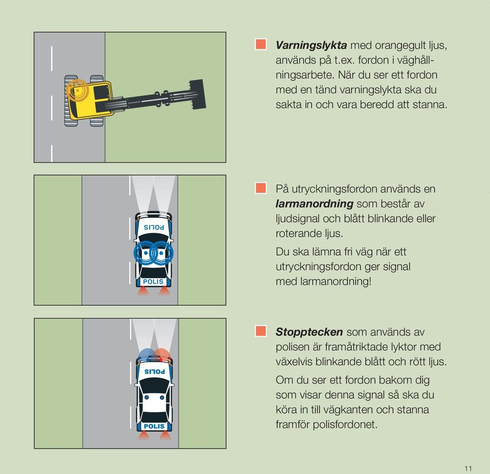 POLIS POLIS På utryckningsfordon används en larmanordning som består av ljudsignal och blått blinkande eller roterande ljus.