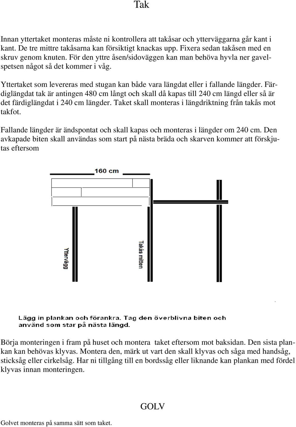 Färdiglängdat tak är antingen 480 cm långt och skall då kapas till 240 cm längd eller så är det färdiglängdat i 240 cm längder. Taket skall monteras i längdriktning från takås mot takfot.