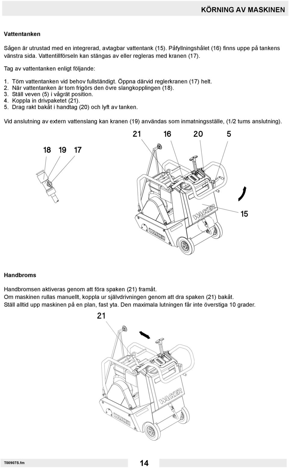 När vattentanken är tom frigörs den övre slangkopplingen (18). 3. Ställ veven (5) i vågrät position. 4. Koppla in drivpaketet (21). 5. Drag rakt bakåt i handtag (20) och lyft av tanken.