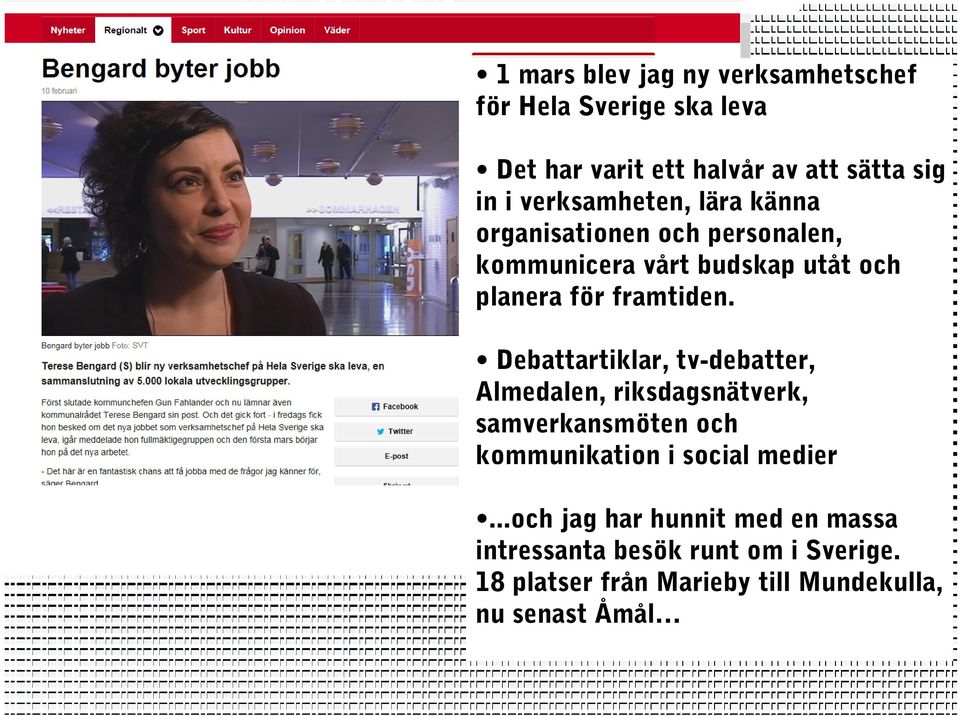 Debattartiklar, tv-debatter, Almedalen, riksdagsnätverk, samverkansmöten och kommunikation i social medier.