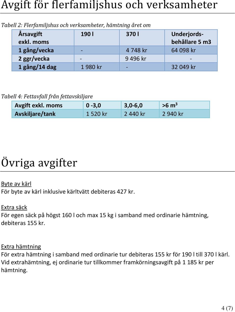 moms 0-3,0 3,0-6,0 >6 m 3 Avskiljare/tank 1 520 kr 2 440 kr 2 940 kr Ö vrigå åvgifter Byte av kärl För byte av kärl inklusive kärltvätt debiteras 427 kr.