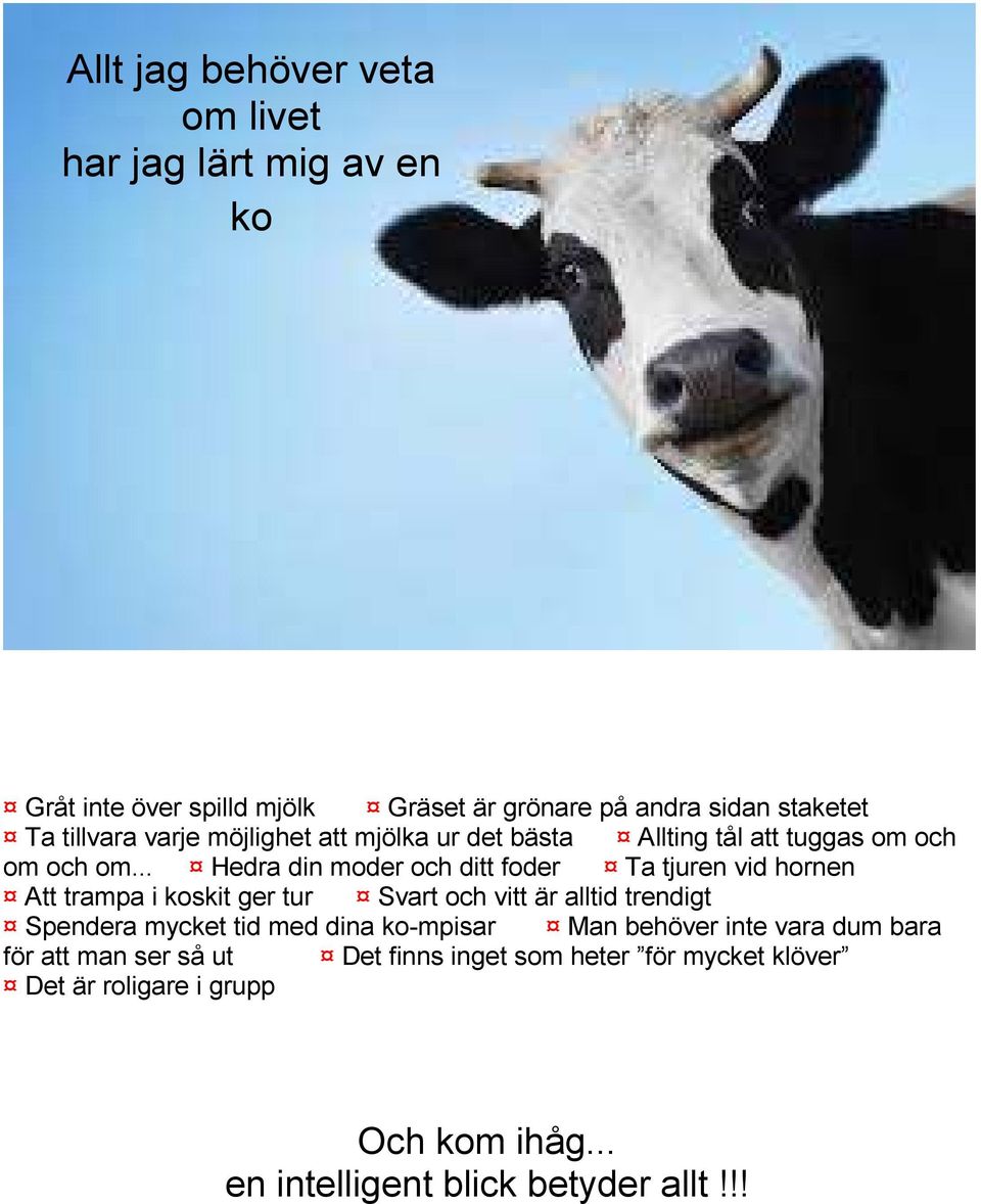 .. Hedra din moder och ditt foder Ta tjuren vid hornen Att trampa i koskit ger tur Svart och vitt är alltid trendigt Spendera mycket tid