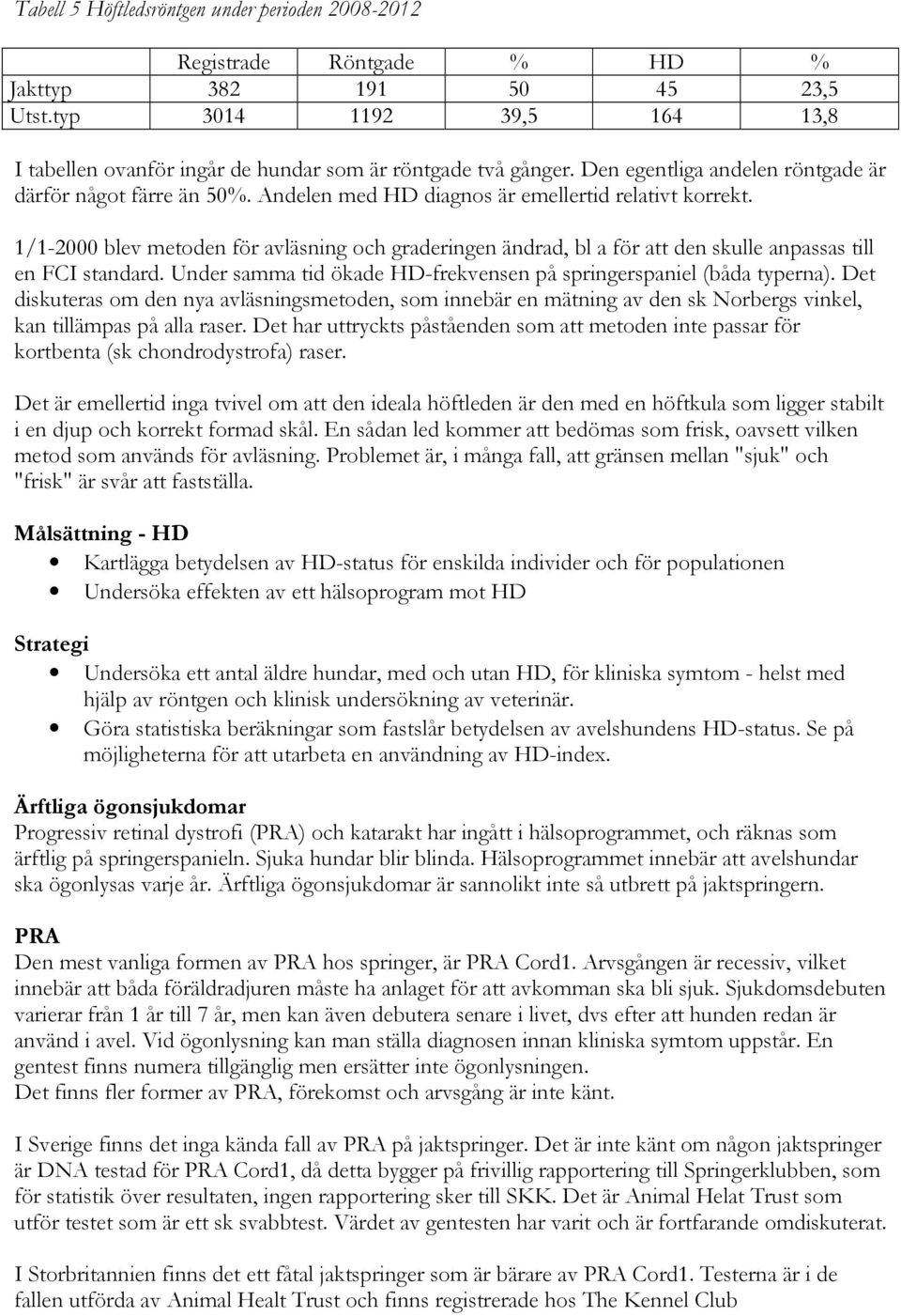 1/1-2000 blev metoden för avläsning och graderingen ändrad, bl a för att den skulle anpassas till en FCI standard. Under samma tid ökade HD-frekvensen på springerspaniel (båda typerna).