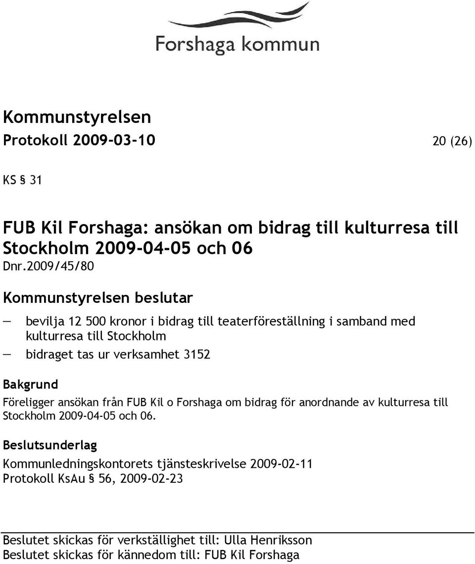 3152 Föreligger ansökan från FUB Kil o Forshaga om bidrag för anordnande av kulturresa till Stockholm 2009-04-05 och 06.