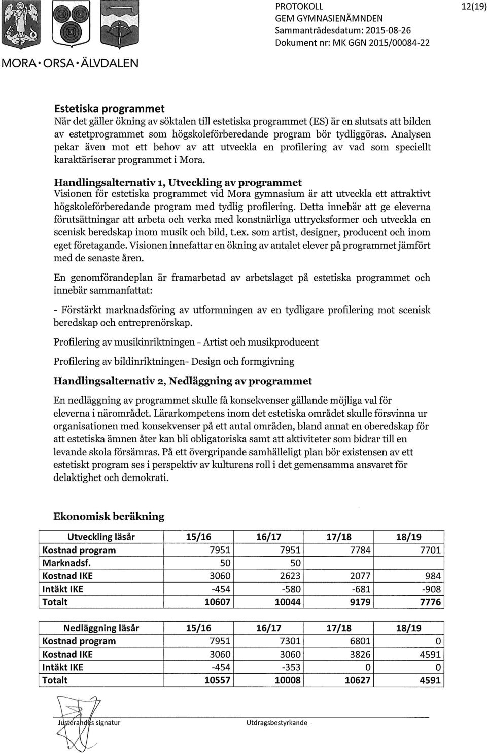 Handlingsalternativ i, Utveckling av programmet Visionen för estetiska programmet vid Mora gymnasium är att utveckla ett attraktivt högskoleförberedande program med tydlig profilering.