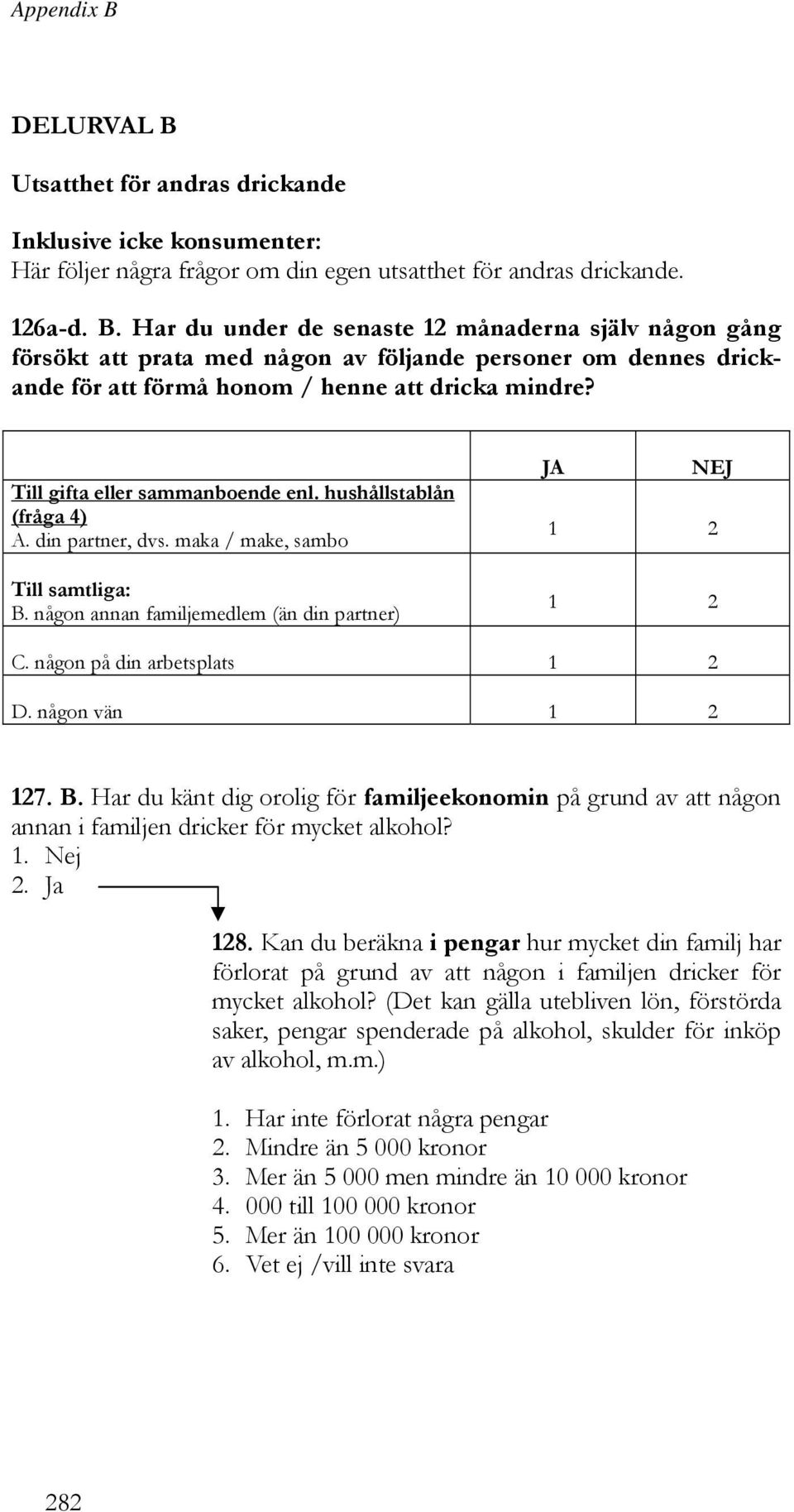 någon på din arbetsplats 1 2 D. någon vän 1 2 127. B. Har du känt dig orolig för familjeekonomin på grund av att någon annan i familjen dricker för mycket alkohol? 128.