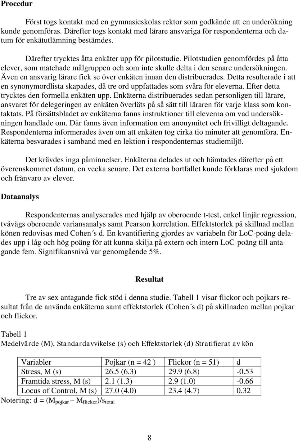 Pilotstudien genomfördes på åtta elever, som matchade målgruppen och som inte skulle delta i den senare undersökningen. Även en ansvarig lärare fick se över enkäten innan den distribuerades.
