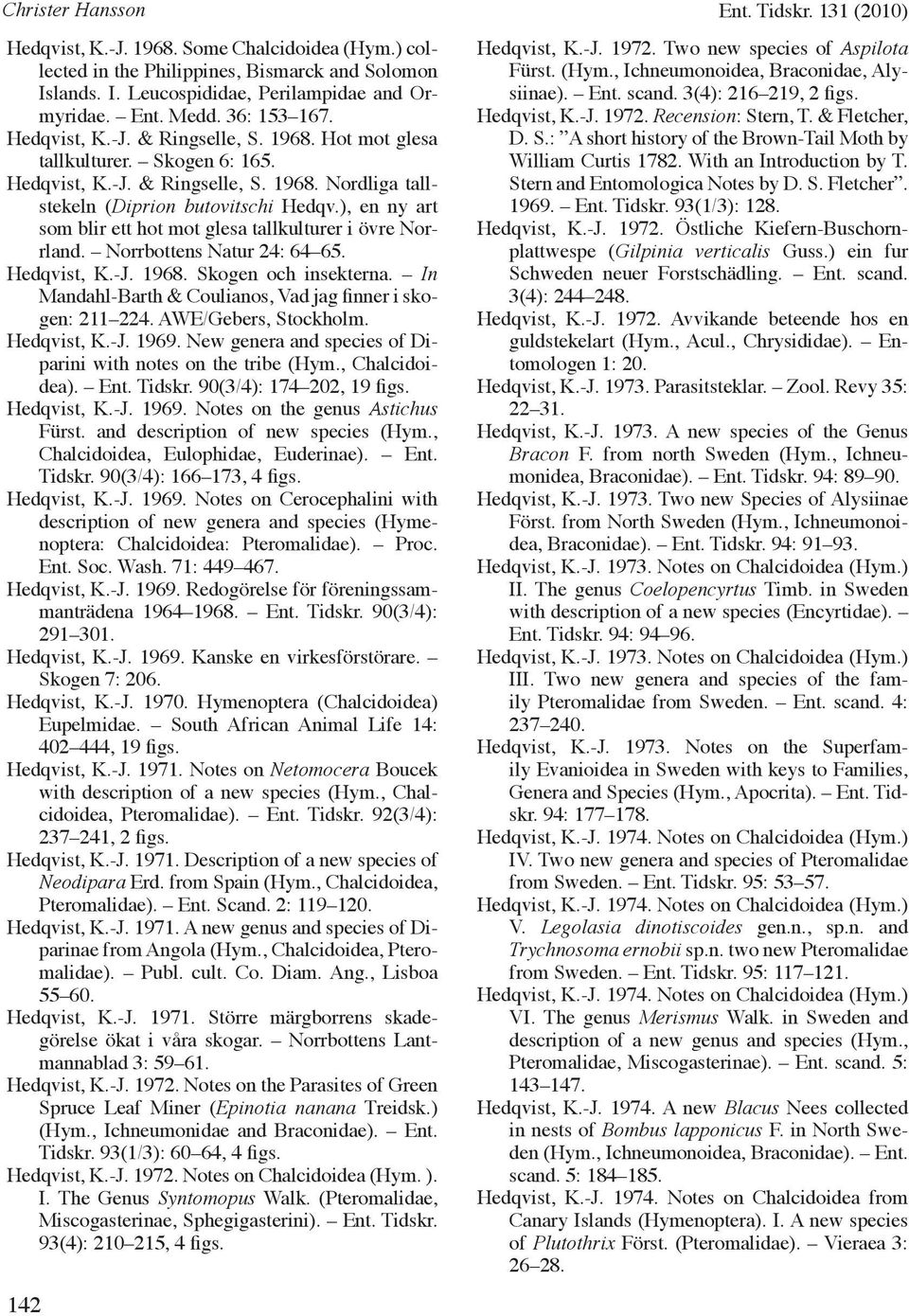 ), en ny art som blir ett hot mot glesa tallkulturer i övre Norrland. Norrbottens Natur 24: 64 65. Hedqvist, K.-J. 1968. Skogen och insekterna.