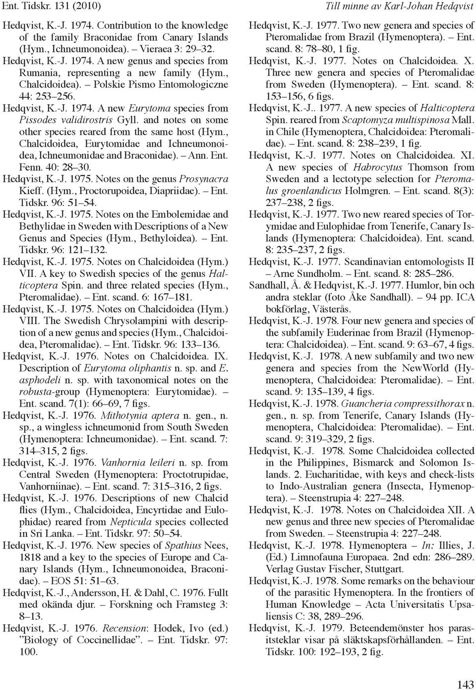 and notes on some other species reared from the same host (Hym., Chalcidoidea, Eurytomidae and Ichneumonoidea, Ichneumonidae and Braconidae). Ann. Ent. Fenn. 40: 28 30. Hedqvist, K.-J. 1975.
