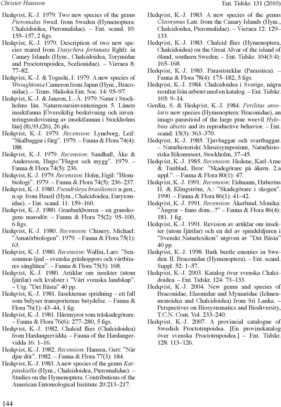 , Braconidae). Trans. Shikoku Ent. Soc. 14: 95 97. Hedqvist, K.-J. & Janzon, L.-Å. 1979. Natur i Stockholms län. Naturresursinventeringen 5.