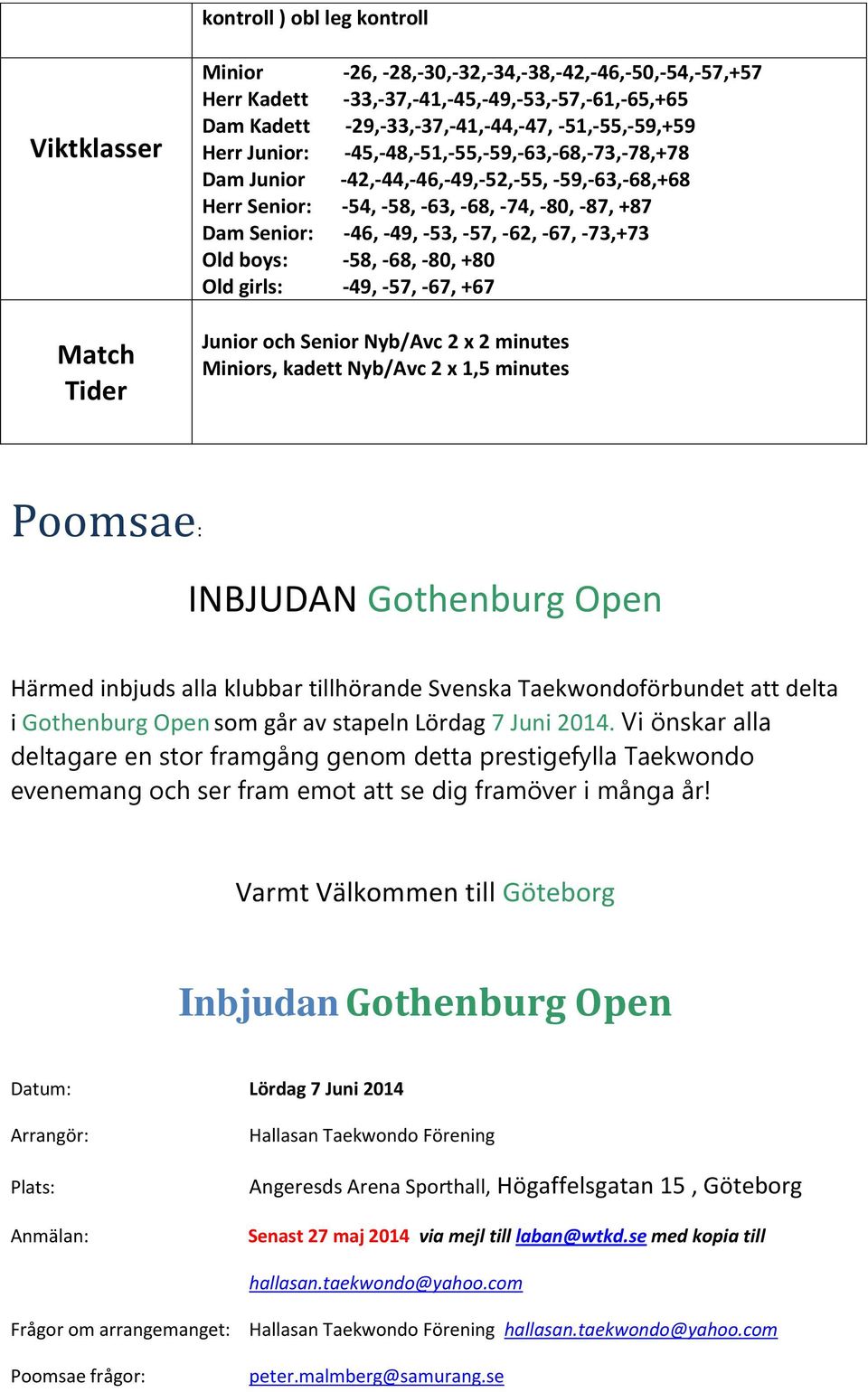 -57, -62, -67, -73,+73 Old boys: -58, -68, -80, +80 Old girls: -49, -57, -67, +67 Junior och Senior Nyb/Avc 2 x 2 minutes Miniors, kadett Nyb/Avc 2 x 1,5 minutes Poomsae: INBJUDAN Gothenburg Open