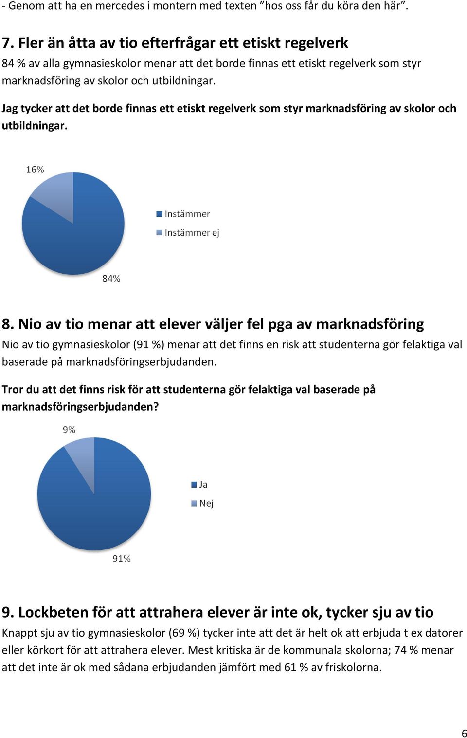 Jag tycker att det borde finnas ett etiskt regelverk som styr marknadsföring av skolor och utbildningar. 8.