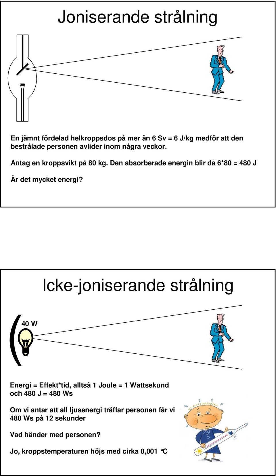 Icke-joniserande strålning (40 W Energi = Effekt*tid, alltså 1 Joule = 1 Wattsekund och 480 J = 480 Ws Om vi antar att