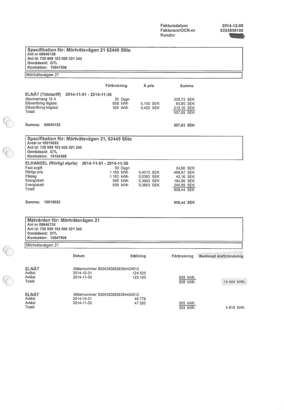 10 SEK 507,63 SEK Summa: 08646138 507,63 SEK Specifikation för:, 62449 Slite Avtal nr 10019053 Ani Id: 735 999 103 000 221 348 Kontraktnr: 10124368 ELHANDEL (Rörligt elpris) 2014-1 1-01 - 2014-11 -30