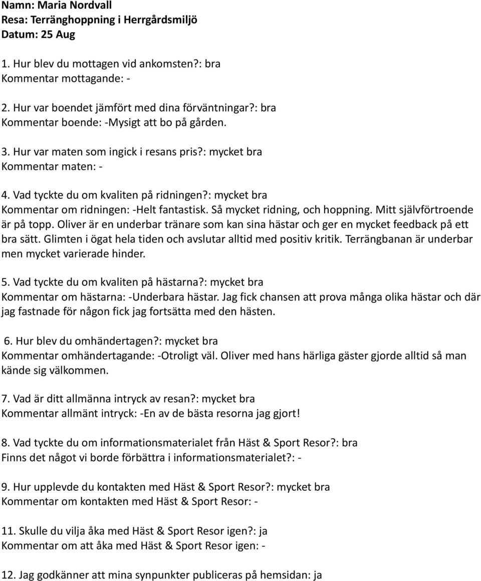 Mitt självförtroende är på topp. Oliver är en underbar tränare som kan sina hästar och ger en mycket feedback på ett bra sätt. Glimten i ögat hela tiden och avslutar alltid med positiv kritik.