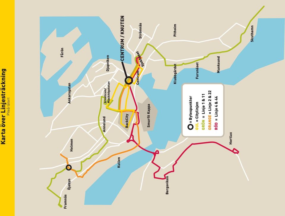 Centrum Strömnäs Smurfit Kappa Klubbgärdet Pitholm = Bytespunkter GUL = Citylinjen