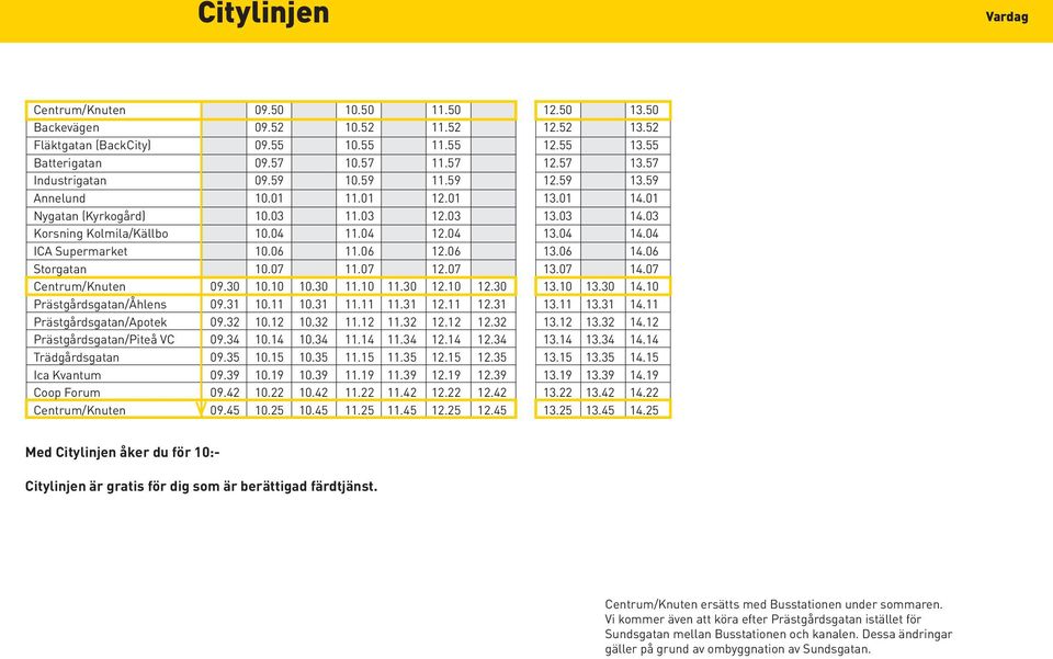 04 ICA Supermarket 10.06 11.06 12.06 13.06 14.06 Storgatan 10.07 11.07 12.07 13.07 14.07 Centrum/ 09.30 10.10 10.30 11.10 11.30 12.10 12.30 13.10 13.30 14.10 Prästgårdsgatan/Åhlens 09.31 10.11 10.