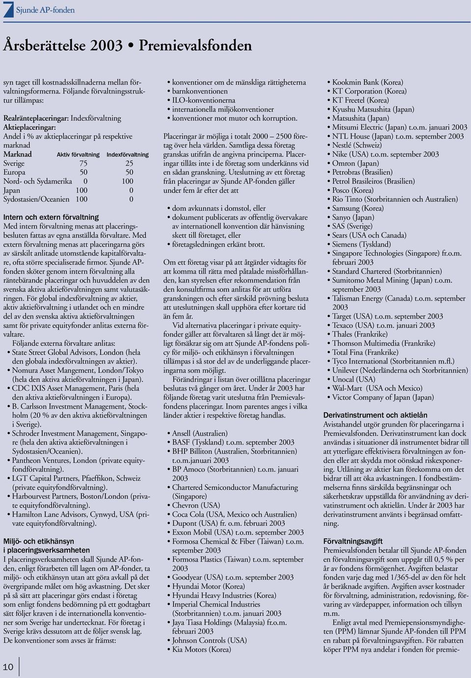Sverige 75 25 Europa 50 50 Nord- och Sydamerika 0 100 Japan 100 0 Sydostasien/Oceanien 100 0 Intern och extern förvaltning Med intern förvaltning menas att placeringsbesluten fattas av egna anställda