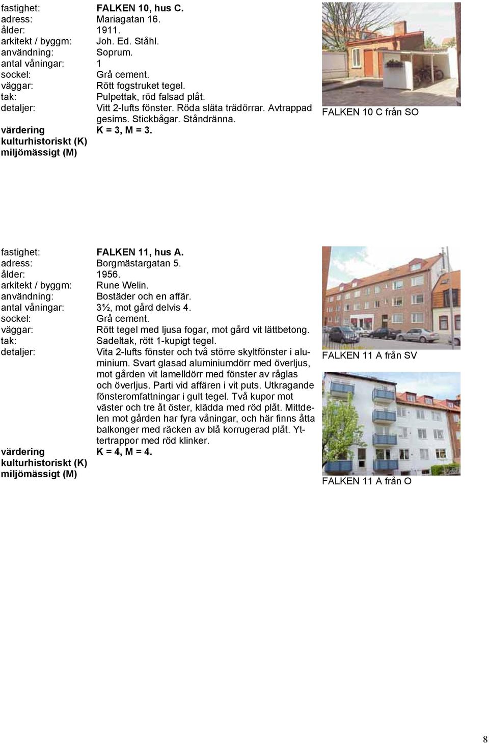 användning: Bostäder och en affär. antal våningar: 3½, mot gård delvis 4. Rött tegel med ljusa fogar, mot gård vit lättbetong. Sadeltak, rött 1-kupigt tegel.