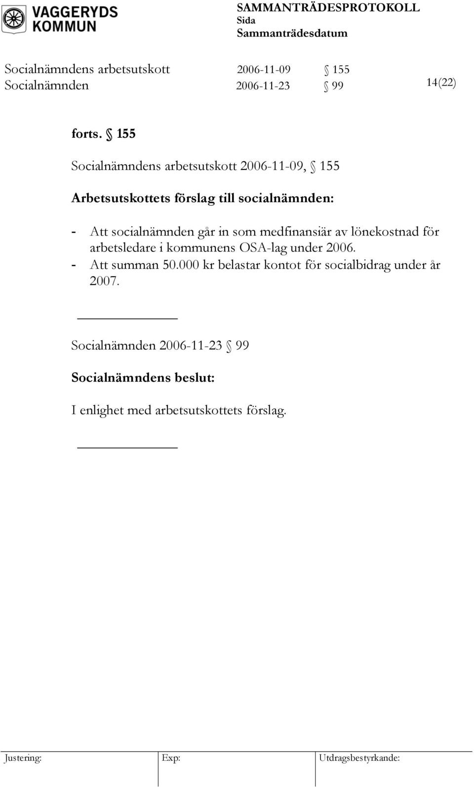 socialnämnden går in som medfinansiär av lönekostnad för arbetsledare i kommunens OSA-lag under 2006.