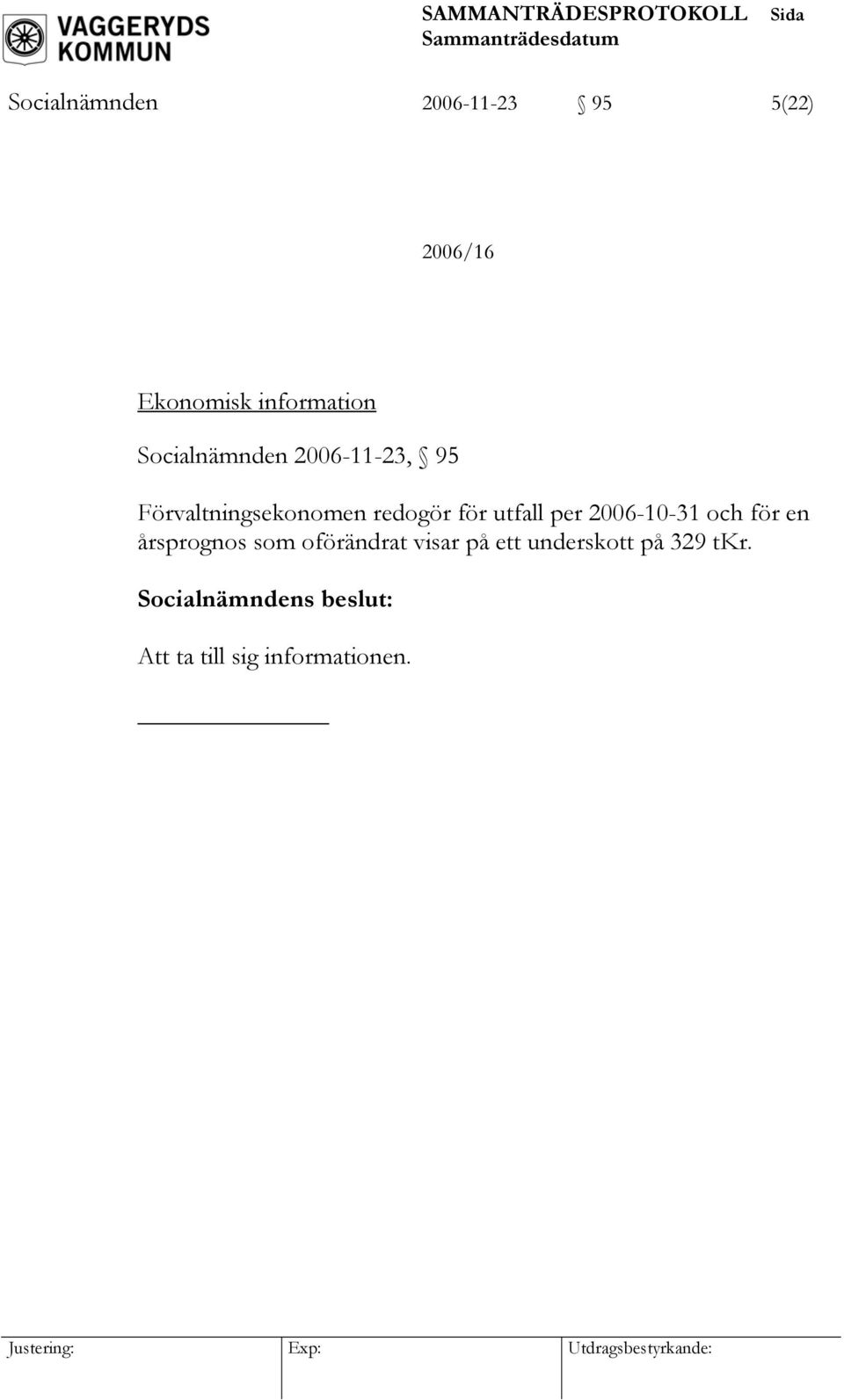 redogör för utfall per 2006-10-31 och för en årsprognos som