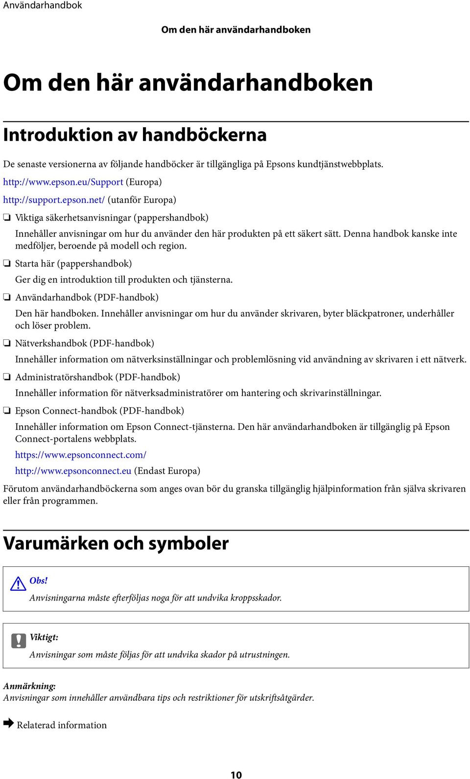 Denna handbok kanske inte medföljer, beroende på modell och region. Starta här (pappershandbok) Ger dig en introduktion till produkten och tjänsterna. Användarhandbok (PDF-handbok) Den här handboken.