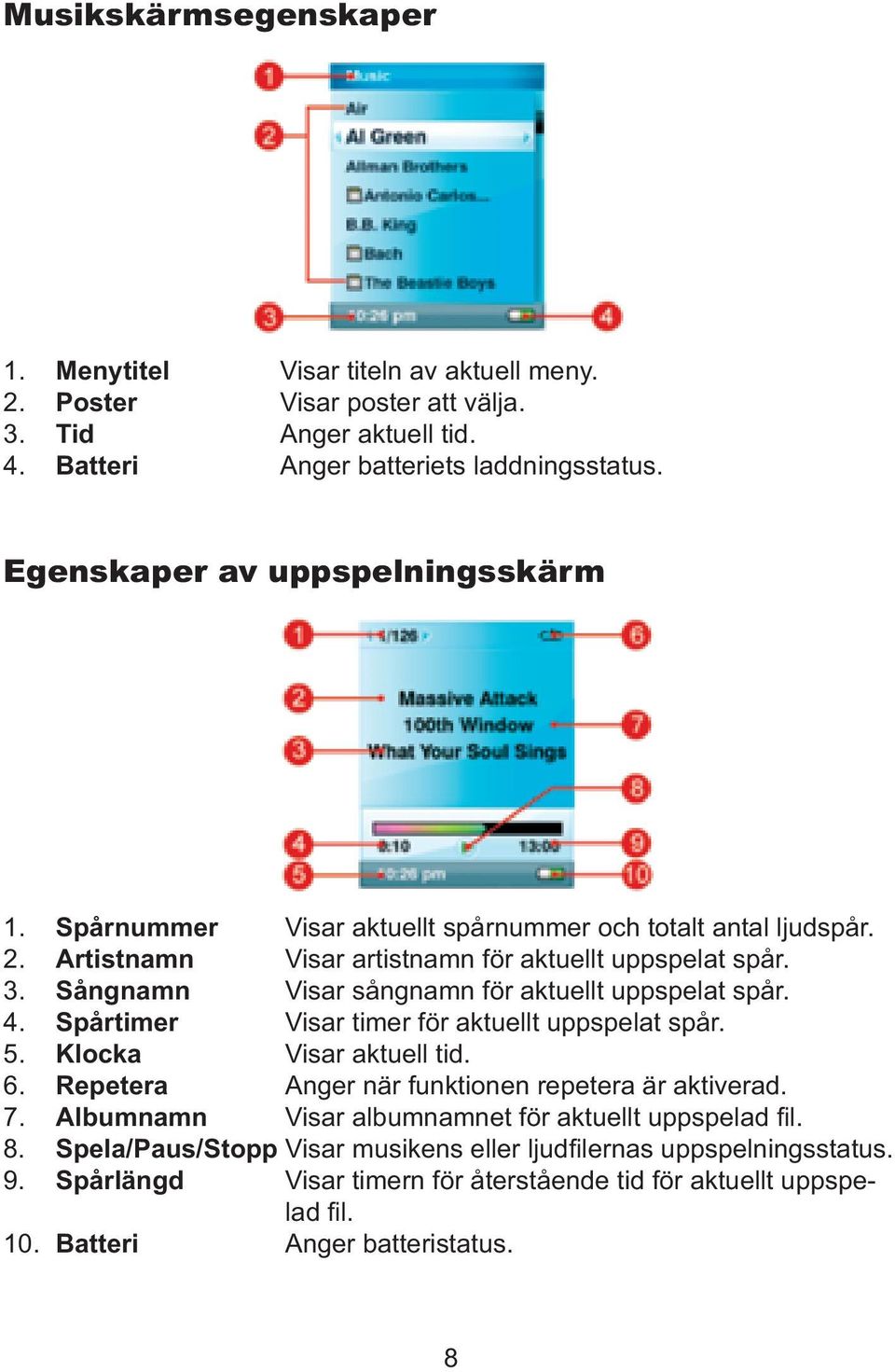 Sångnamn Visar sångnamn för aktuellt uppspelat spår. 4. Spårtimer Visar timer för aktuellt uppspelat spår. 5. Klocka Visar aktuell tid. 6. Repetera Anger när funktionen repetera är aktiverad.