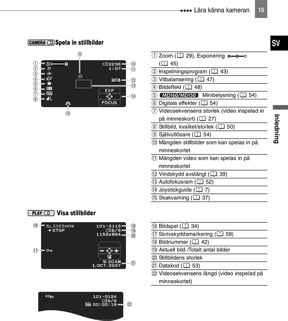 på minneskortet Mängden video som kan spelas in på minneskortet Vindskydd avstängt ( 39) Autofokusram ( 52) Joystickguide ( 7) Skakvarning ( 37) Inledning Visa stillbilder
