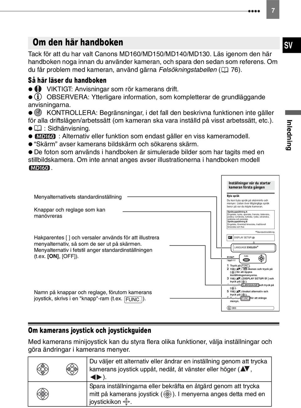 Så här läser du handboken VIKTIGT: Anvisningar som rör kamerans drift. OBSERVERA: Ytterligare information, som kompletterar de grundläggande anvisningarna.