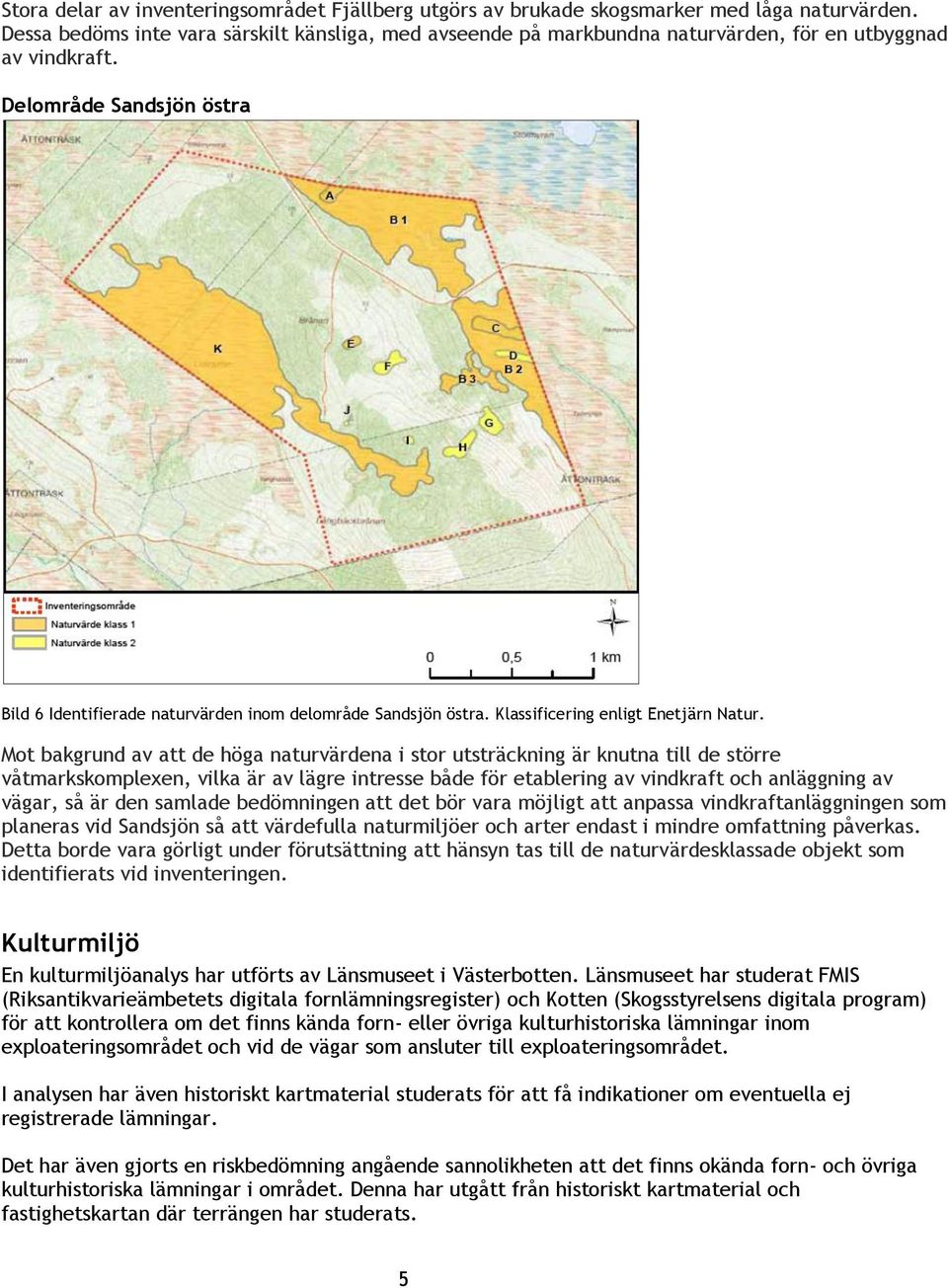 Delområde Sandsjön östra Bild 6 Identifierade naturvärden inom delområde Sandsjön östra. Klassificering enligt Enetjärn Natur.