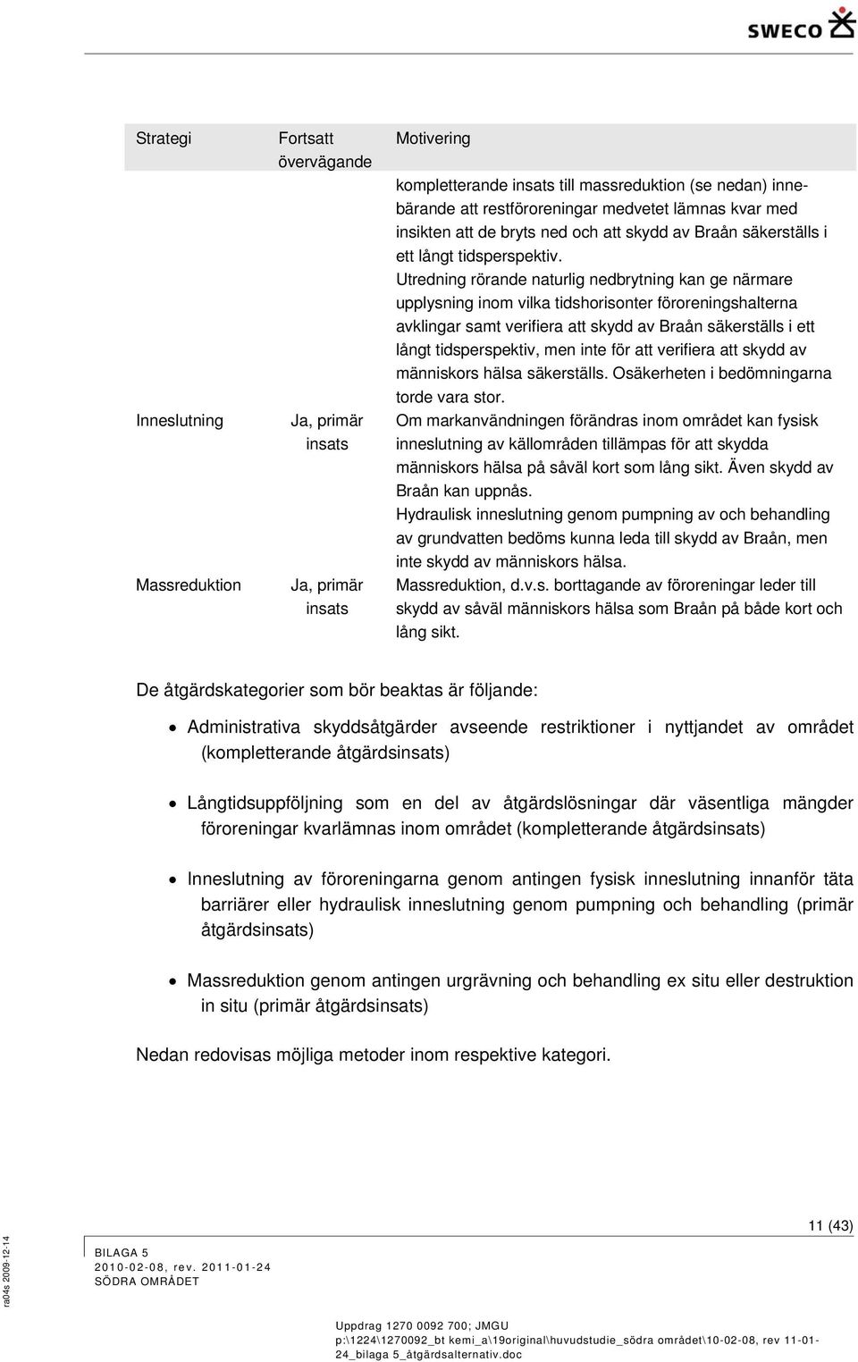 Utredning rörande naturlig nedbrytning kan ge närmare upplysning inom vilka tidshorisonter föroreningshalterna avklingar samt verifiera att skydd av Braån säkerställs i ett långt tidsperspektiv, men