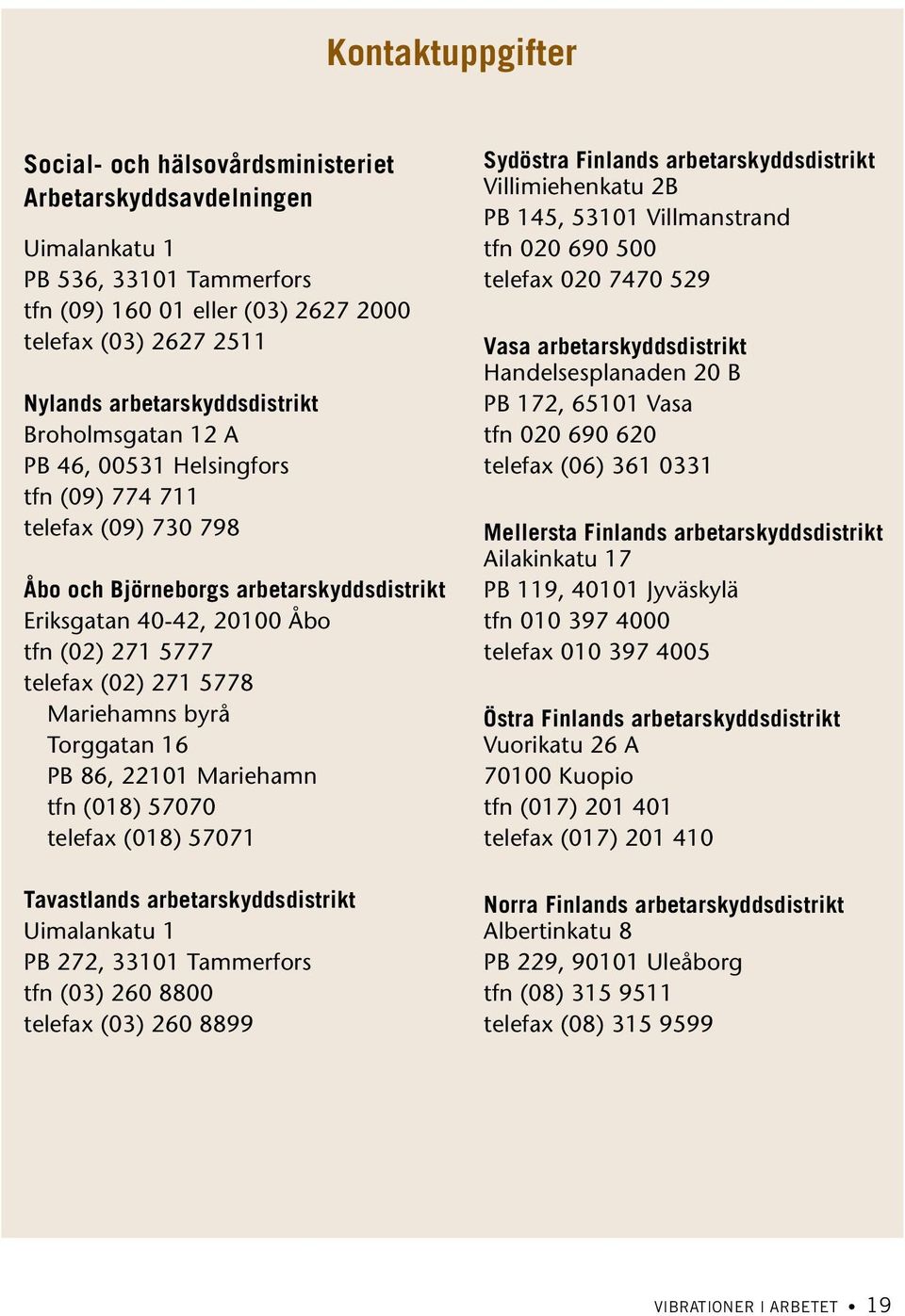 (02) 271 5778 Mariehamns byrå Torggatan 16 PB 86, 22101 Mariehamn tfn (018) 57070 telefax (018) 57071 Tavastlands arbetarskyddsdistrikt Uimalankatu 1 PB 272, 33101 Tammerfors tfn (03) 260 8800