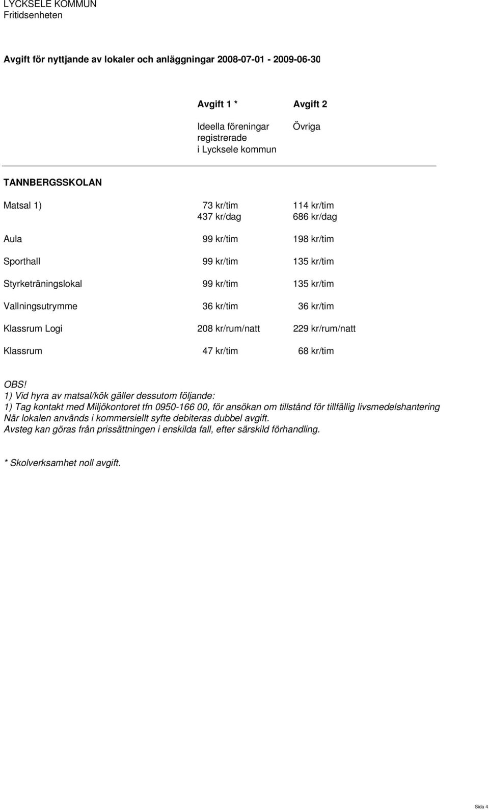 Klassrum 47 kr/tim 68 kr/tim 1) Vid hyra av matsal/kök gäller dessutom följande: 1) Tag kontakt med Miljökontoret tfn 0950-166 00, för ansökan