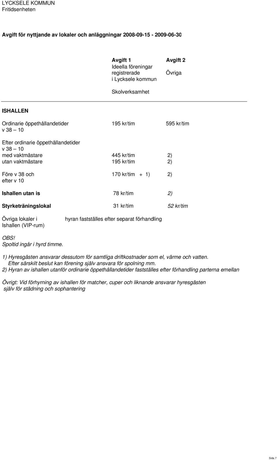 kr/tim Övriga lokaler i Ishallen (VIP-rum) hyran fastställes efter separat förhandling Spoltid ingår i hyrd timme.