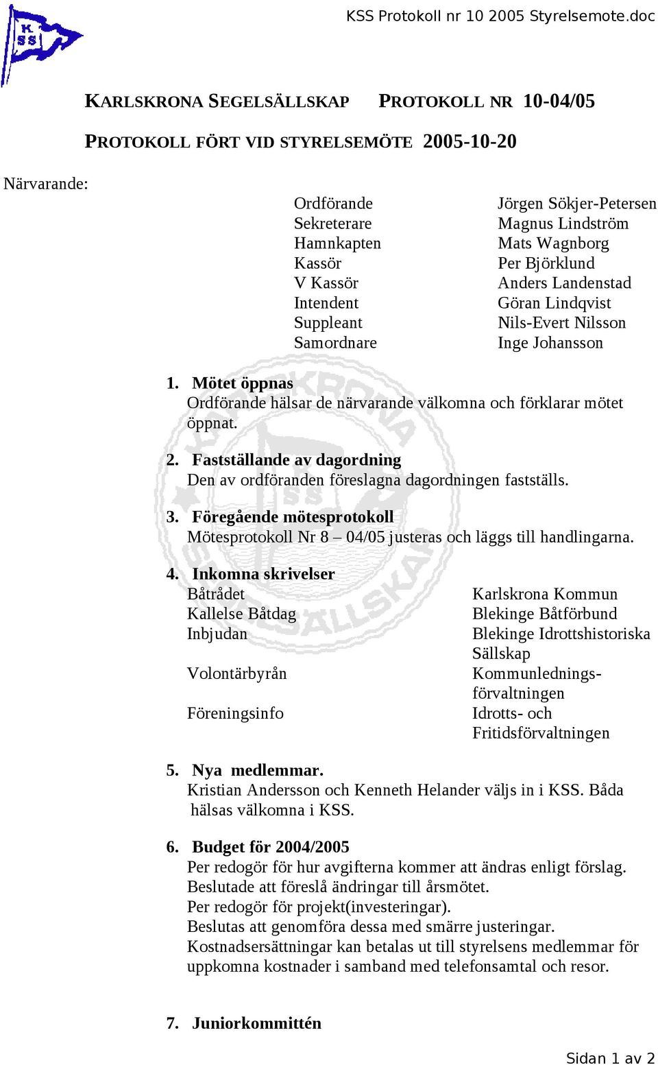 Landenstad Göran Lindqvist Nils-Evert Nilsson Inge Johansson 1. Mötet öppnas hälsar de närvarande välkomna och förklarar mötet öppnat. 2.
