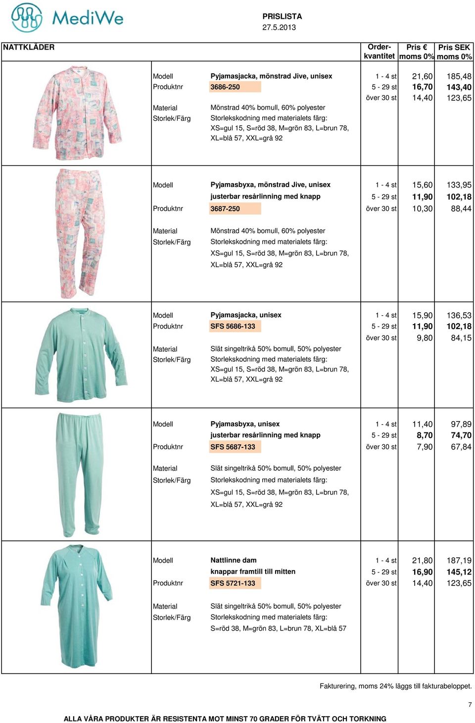 skodning med materialets färg: XS=gul 15, S=röd 38, M=grön 83, L=brun 78, XL=blå 57, XXL=grå 92 Modell Pyjamasjacka, unisex 1-4 st 15,90 136,53 Produktnr SFS 5686-133 5-29 st 11,90 102,18 över 30 st