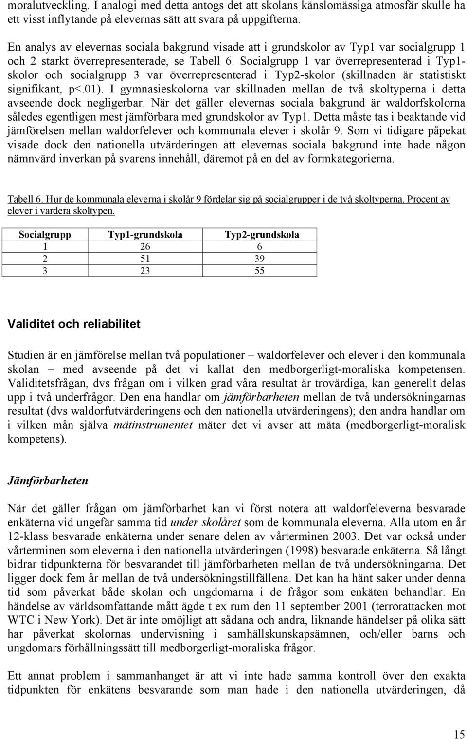 Socialgrupp 1 var överrepresenterad i Typ1- skolor och socialgrupp 3 var överrepresenterad i Typ2-skolor (skillnaden är statistiskt signifikant, p<.01).