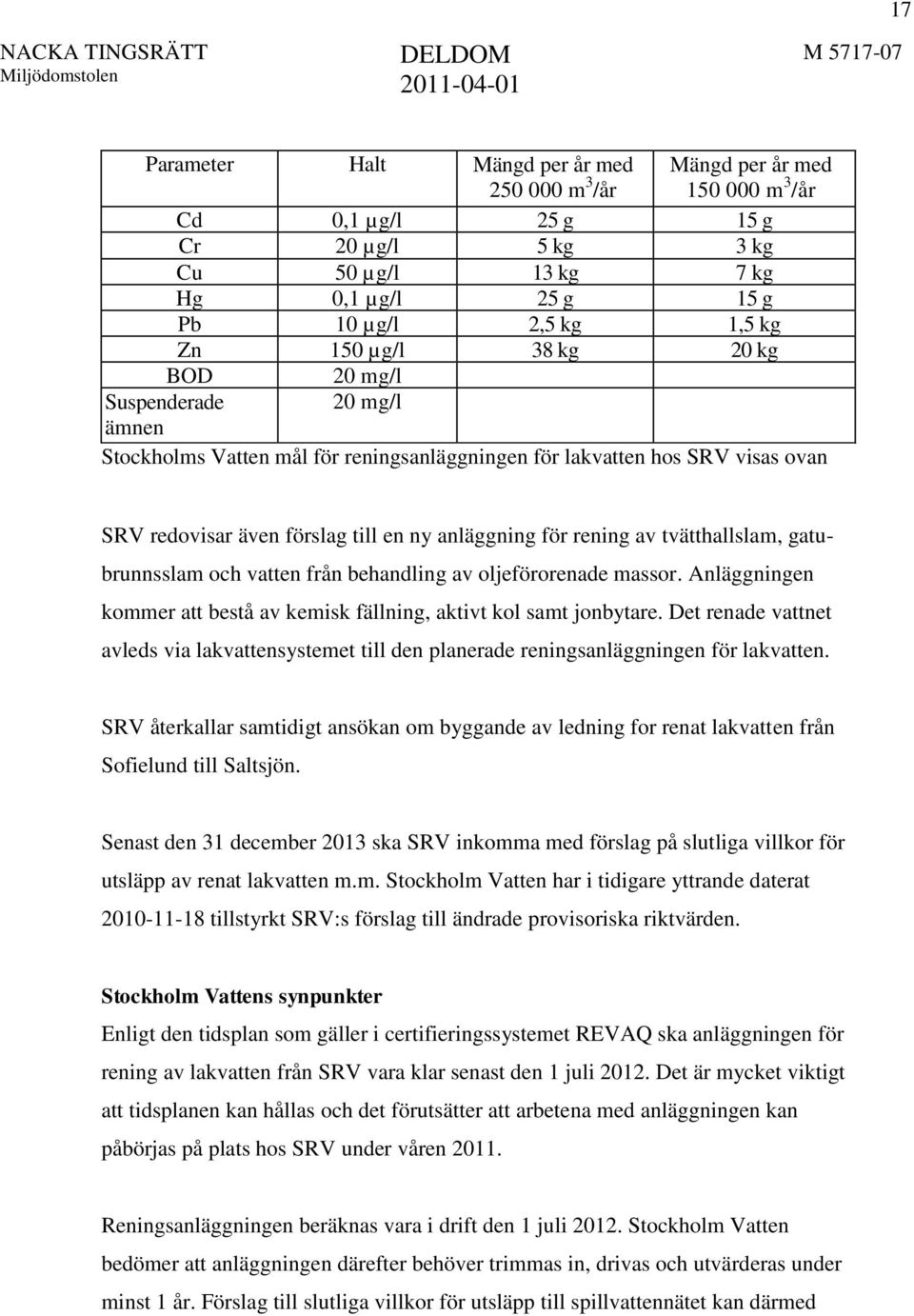 av tvätthallslam, gatubrunnsslam och vatten från behandling av oljeförorenade massor. Anläggningen kommer att bestå av kemisk fällning, aktivt kol samt jonbytare.