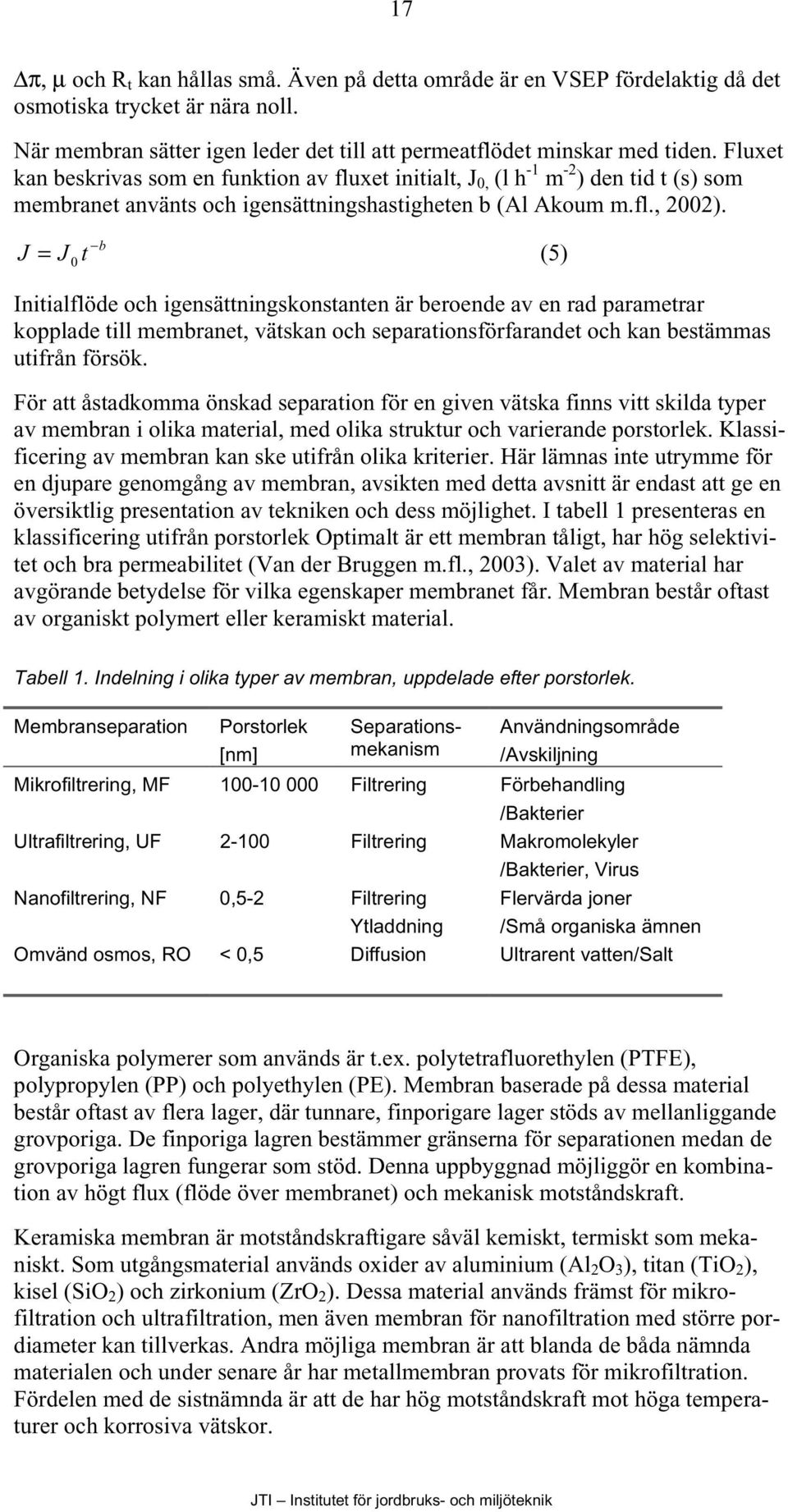 J b = J t (5) Initialflöde och igensättningskonstanten är beroe av en rad parametrar kopplade till membranet, vätskan och separationsförfarandet och kan bestämmas utifrån försök.
