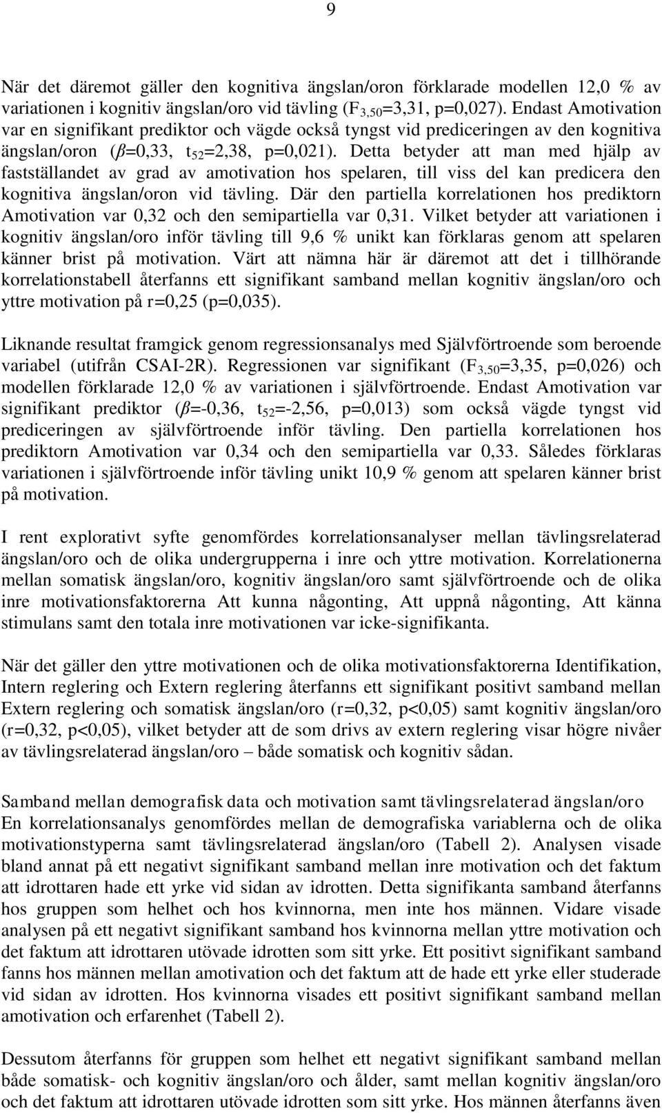 Detta betyder att man med hjälp av fastställandet av grad av amotivation hos spelaren, till viss del kan predicera den kognitiva ängslan/oron vid tävling.