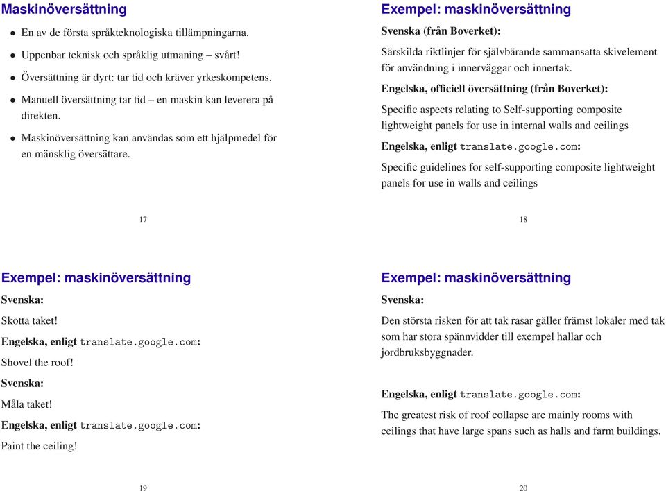 Exempel: maskinöversättning Svenska (från Boverket): Särskilda riktlinjer för självbärande sammansatta skivelement för användning i innerväggar och innertak.